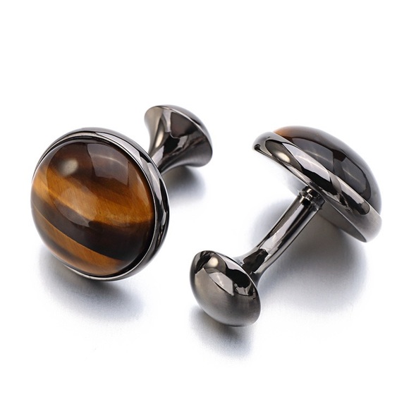 Elegant Round Brown & Gold Striped Tiger’s Eye Cufflinks - Picture 3 of 17